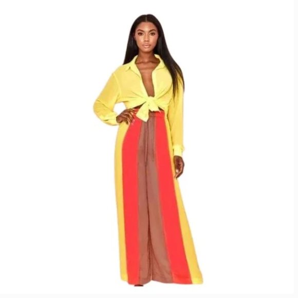 House of CB Pants - HOUSE OF CB Margot Yellow Color Block Wide Leg Trousers XS NEW